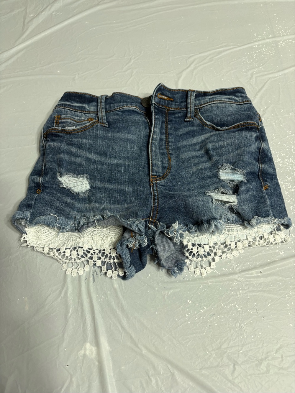 Mudd Distressed Denim Crochet-Trim Women’s Shorts - Blue